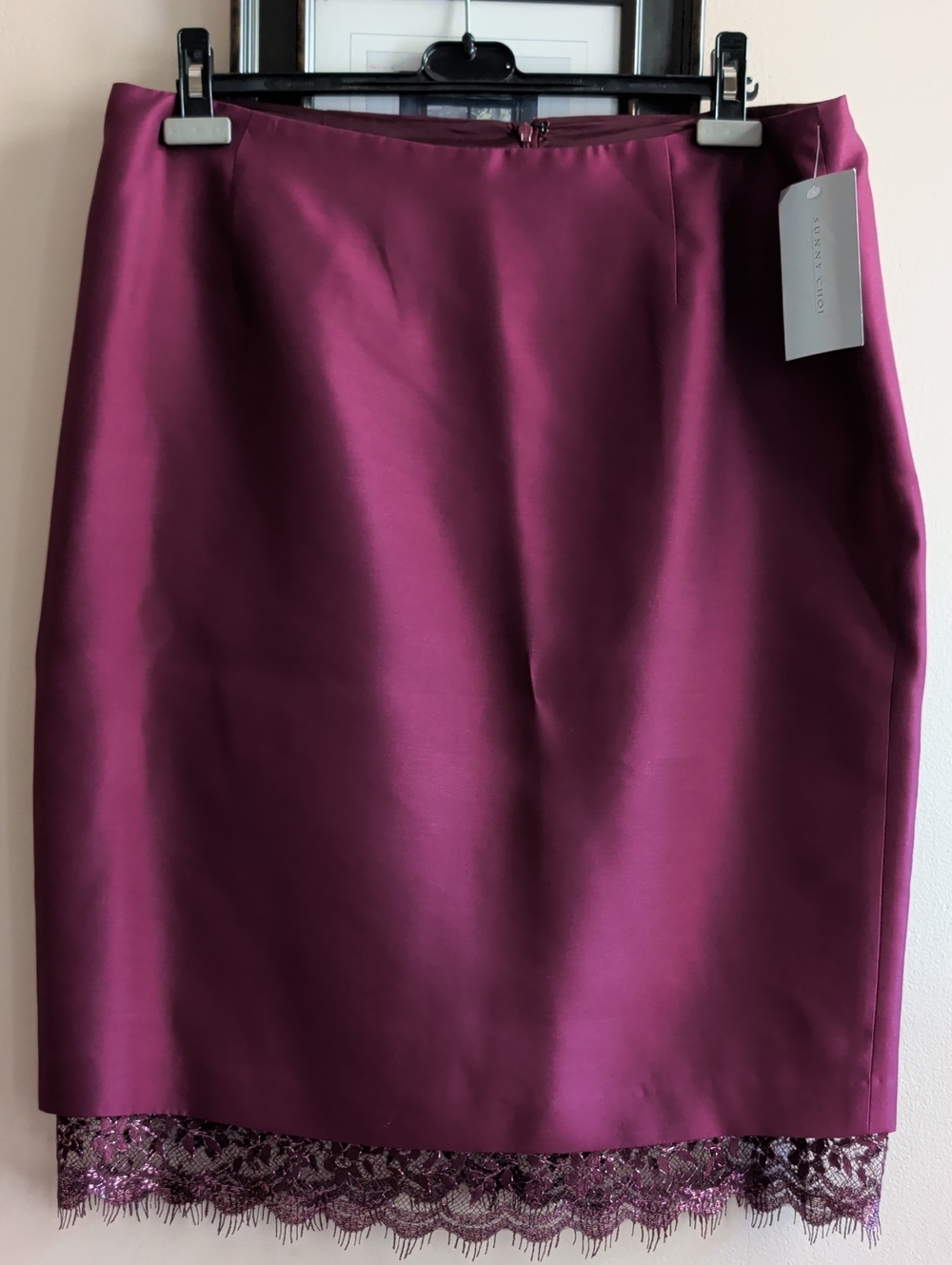 Sunny Choi Elegant Plum Lace-Hem Silk & Wool Blend Pencil Skirt